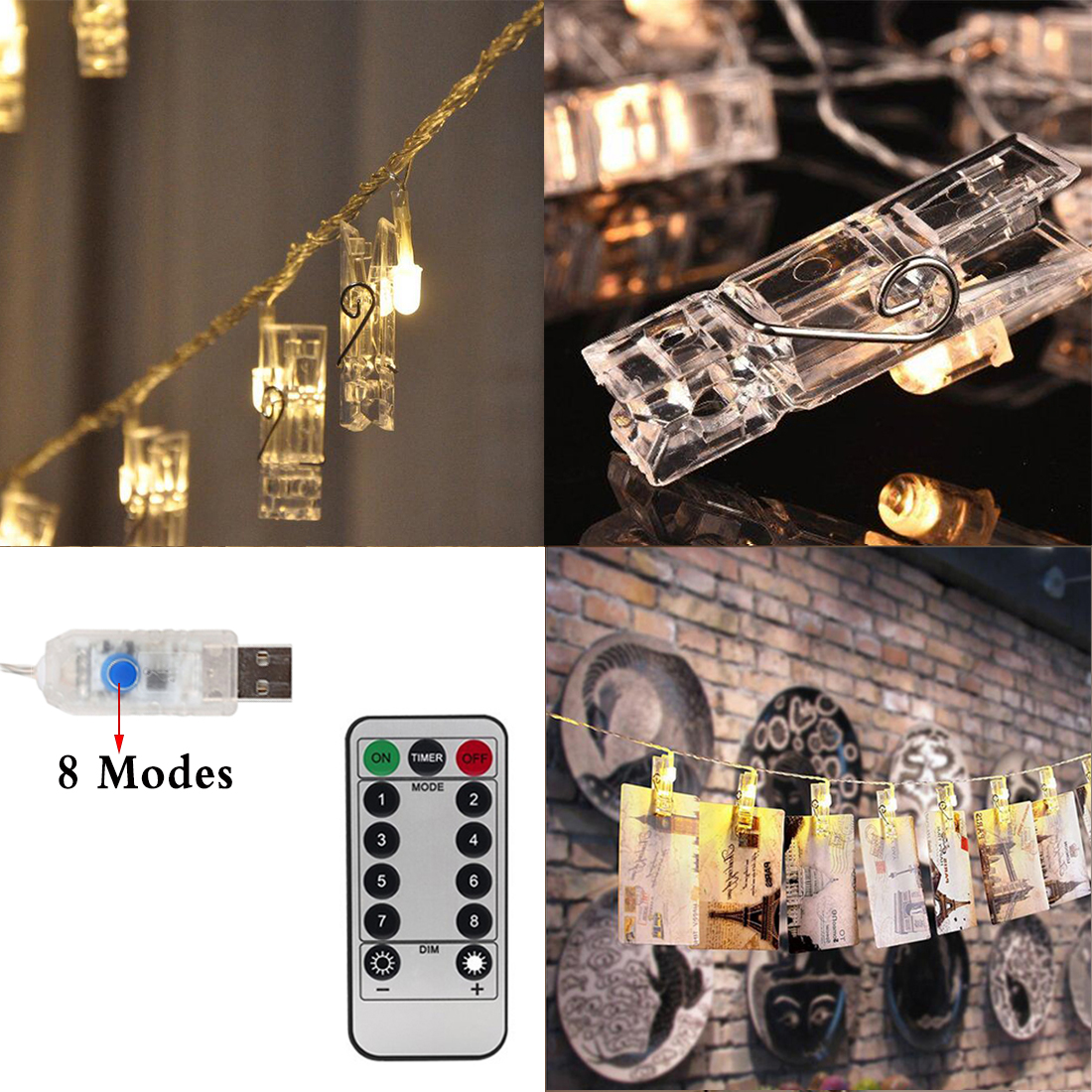 AnSaw Photo String Lights, 40 LED Hanging Display Starry Lights,Lighted Clips DIY Picture Cards Artwork, Home Fairly Decor Twinkle Light with 8 Remote Control Lighting Effects (USB Powered)